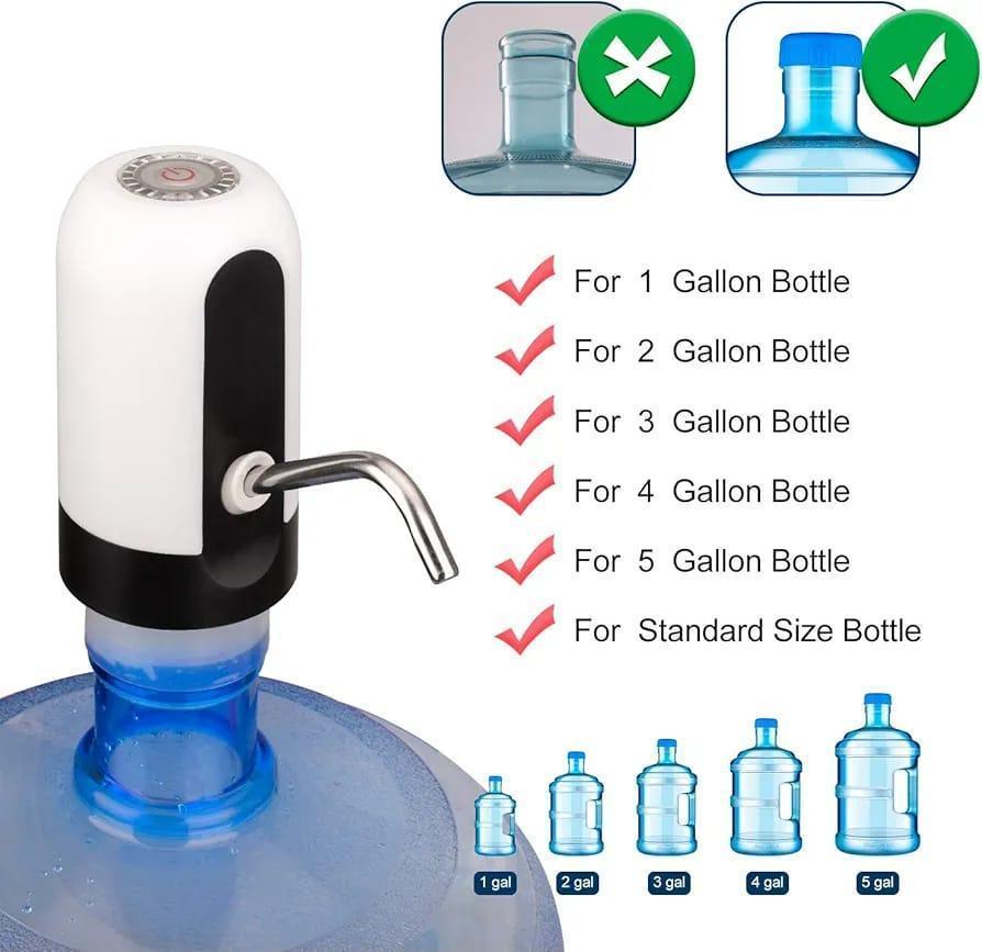 Water bottle filler with compatibility chart for different bottle sizes on a white background