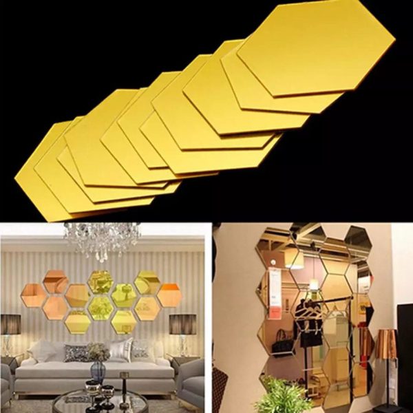 Pack of 12 – 3D Acrylic Hexagon Mirror Wall Stickers for Home DIY Decoration