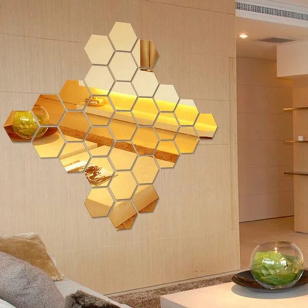 Pack of 12 – 3D Acrylic Hexagon Mirror Wall Stickers for Home DIY Decoration